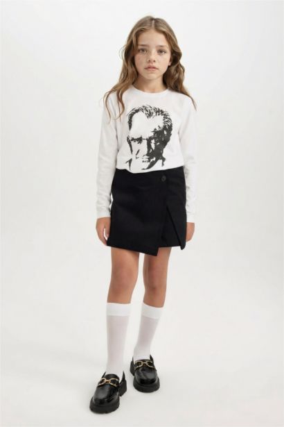 Girl Button Detailed Gabardine Black Skort