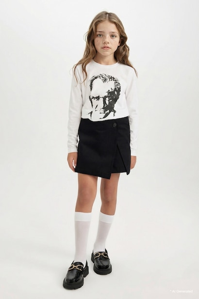 Girl Button Detailed Gabardine Black Skort