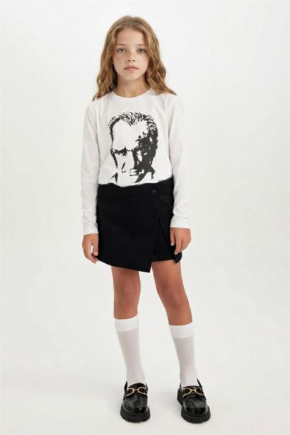 Girl Button Detailed Gabardine Black Skort