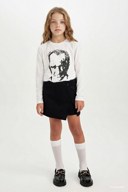 Girl Button Detailed Gabardine Black Skort