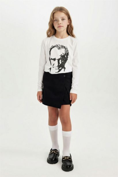 Girl Button Detailed Gabardine Black Skort