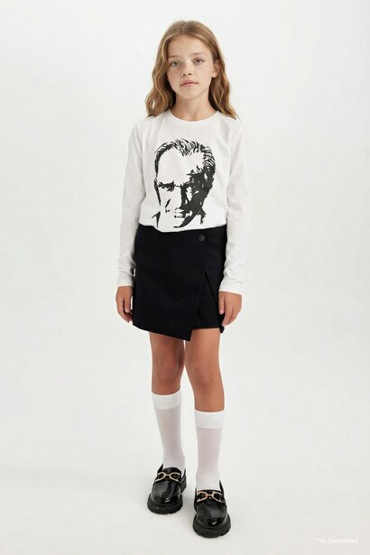 Girl Button Detailed Gabardine Black Skort