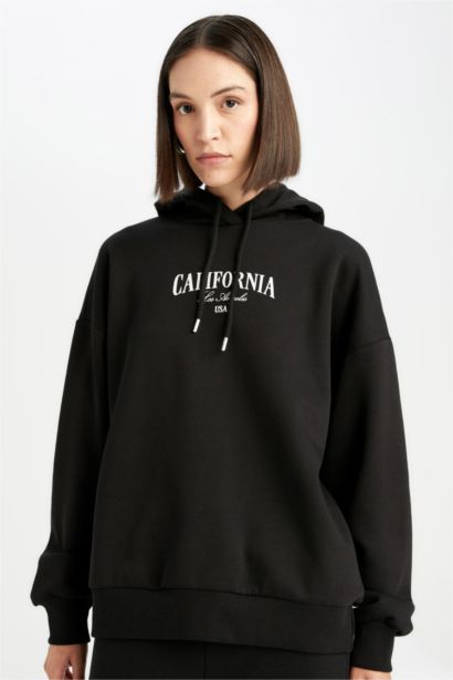 Oversize Geniş Kalıp Kapüşonlu Baskılı Kalın Sweatshirt