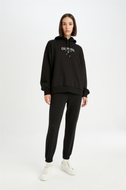 Oversize Geniş Kalıp Kapüşonlu Baskılı Kalın Sweatshirt