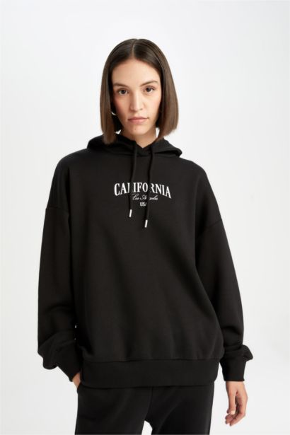 Oversize Geniş Kalıp Kapüşonlu Baskılı Kalın Sweatshirt