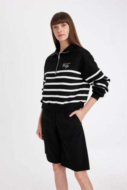 Sweat-shirt coupe régulière rayé à manches longues à demi Fermeture éclair