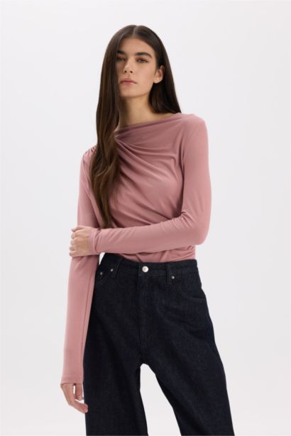 Slim Fit Dar Kesim Kayık Yaka Basic Düz Uzun Kollu Bluz