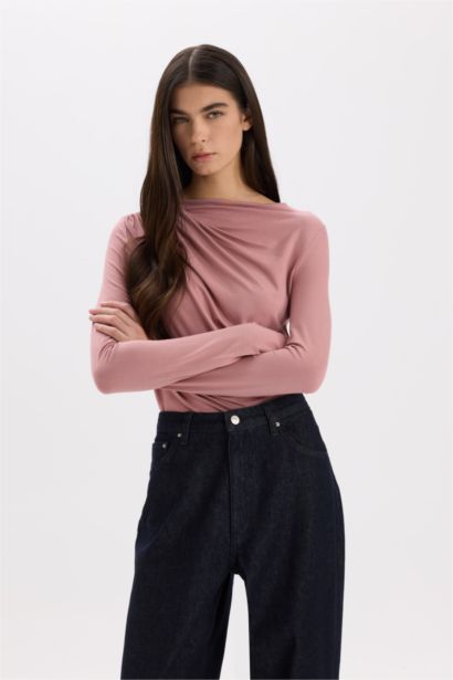 Slim Fit Dar Kesim Kayık Yaka Basic Düz Uzun Kollu Bluz