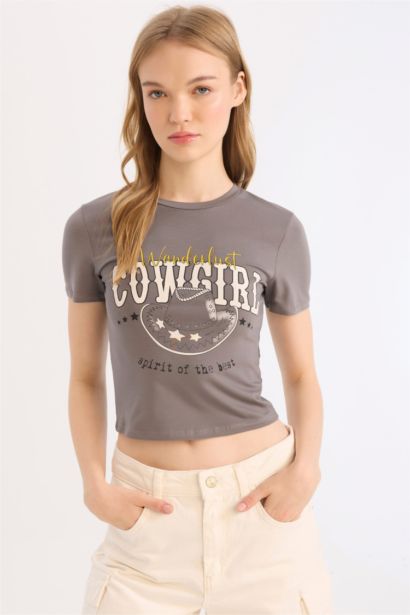 T-Shirt Slim à Manches Courtes imprimé à Col rond