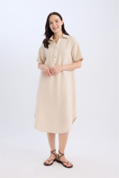 Robe Tissée À Manches Courtes en Mousseline avec Col Polo