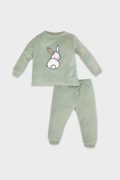 Girl Rabbit Printed Velour 2 Piece Pajama Set