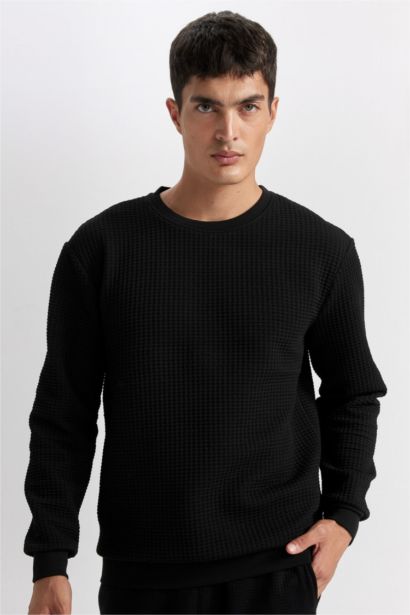 Siyah Regular Fit Bisiklet Yaka Jakarlı Sweatshirt