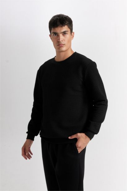 Siyah Regular Fit Bisiklet Yaka Jakarlı Sweatshirt