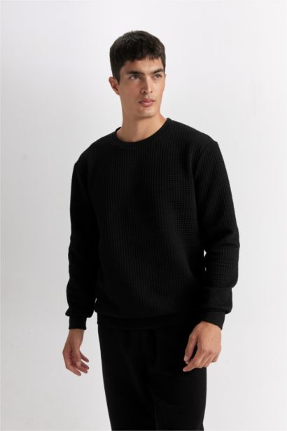 Siyah Regular Fit Bisiklet Yaka Jakarlı Sweatshirt