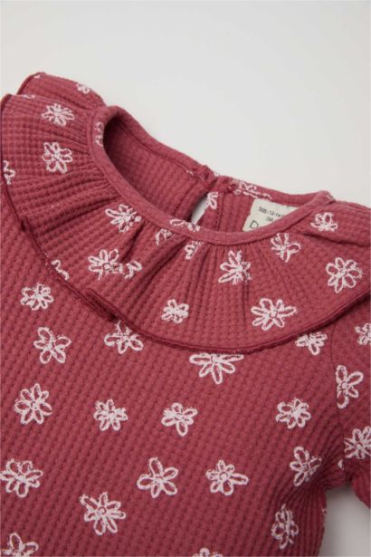 Büyük Yaka Çiçekli Waffle Uzun Kollu Tişört Kız Bebek