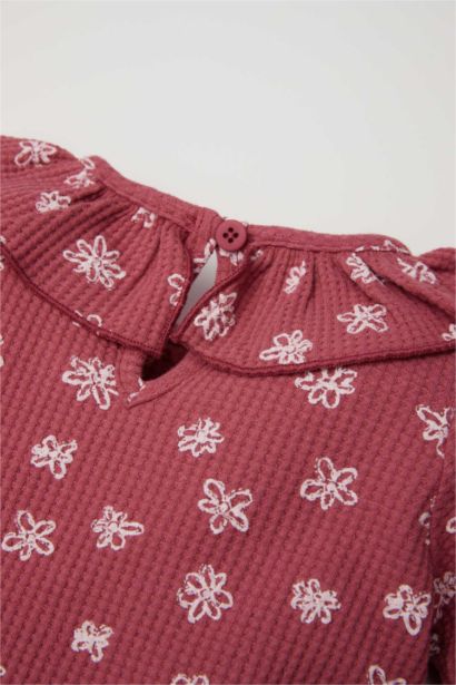 Büyük Yaka Çiçekli Waffle Uzun Kollu Tişört Kız Bebek