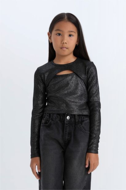 Slim Fit Dar Kesim Bisiklet Yaka Parlak Kuma Sfitilli Kaşkorse Uzun Kollu Tişört Kız Çocuk