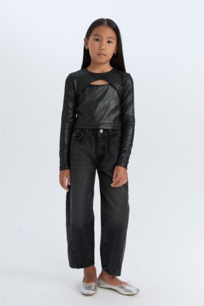 Slim Fit Dar Kesim Bisiklet Yaka Parlak Kuma Sfitilli Kaşkorse Uzun Kollu Tişört Kız Çocuk