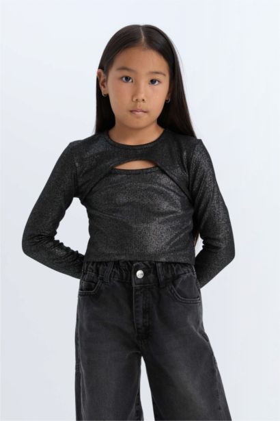 Slim Fit Dar Kesim Bisiklet Yaka Parlak Kuma Sfitilli Kaşkorse Uzun Kollu Tişört Kız Çocuk