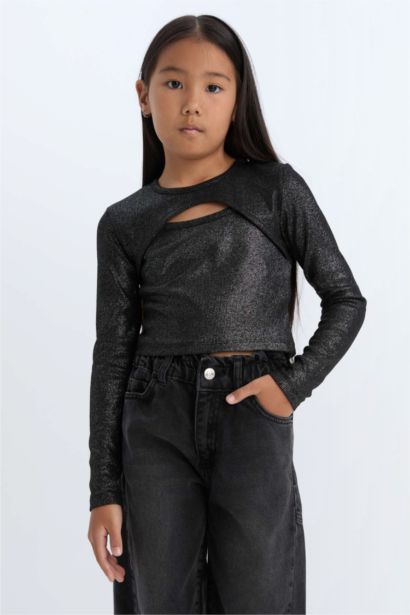 Slim Fit Dar Kesim Bisiklet Yaka Parlak Kuma Sfitilli Kaşkorse Uzun Kollu Tişört Kız Çocuk