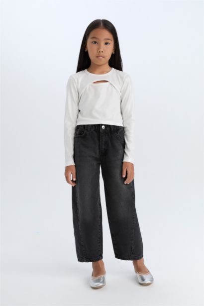 تي شيرت بناتي كم طويل مضلع سليم فيت