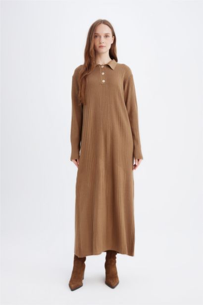Regular Fit Polo Neck Basic Maxi Knit Dress