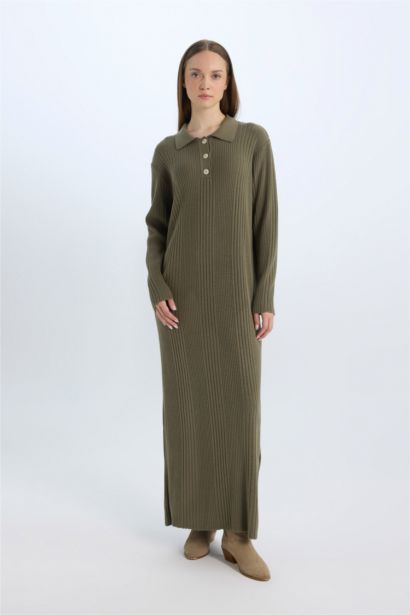 فستان طويل كم طويل قصة عادية برقبة بولو