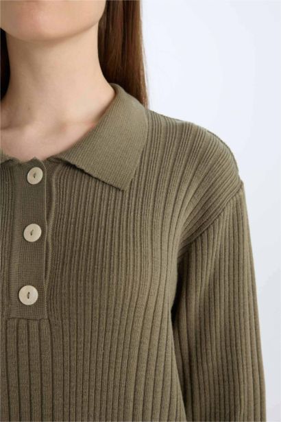 فستان طويل كم طويل قصة عادية برقبة بولو