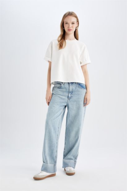Baggy Fit High Waist Folded Leg Washed Jeans