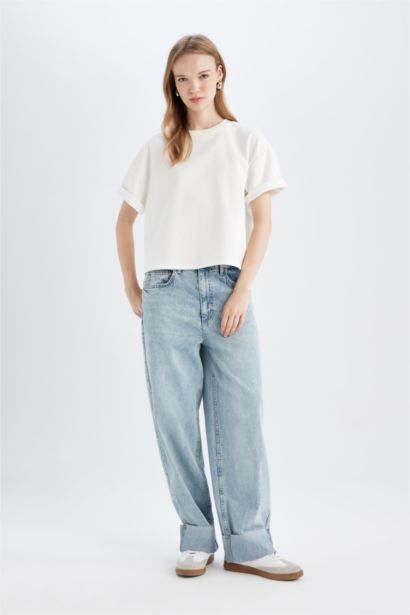 Baggy Fit High Waist Folded Leg Washed Jeans