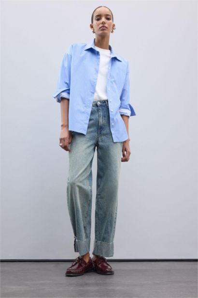 Baggy Fit Yüksek Bel Katlamalı Paça Bilek Boy Jean Yıkamalı Pantolon