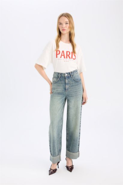 Baggy Fit Yüksek Bel Katlamalı Paça Bilek Boy Jean Yıkamalı Pantolon