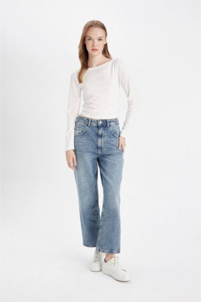 Jean large Taille haute à effet délavé avec ourlet replié