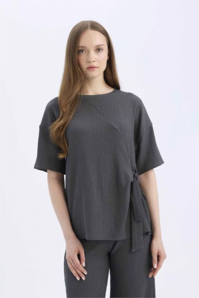 تيشيرت نص ردن منسوج قصة مريحة بياخة مستديرة