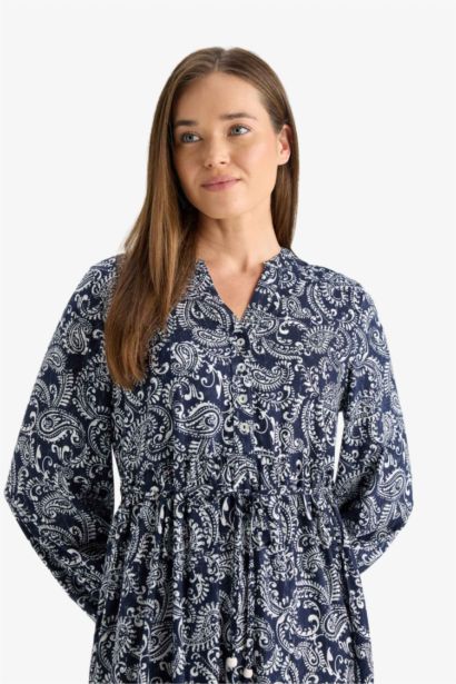 Regular Fit Desenli Bisiklet Yaka Uzun Kollu Midi Elbise