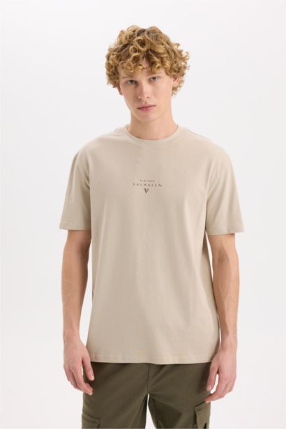 تيشيرت قطن أوفر سايز مطبوع برقبة مستديرة من فايكنج فالهالا