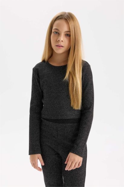 Girl Shiny Fabric Long Sleeve Top Bottom 2 Piece Set