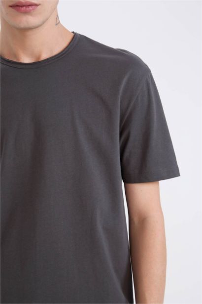 تيشيرت قطن نص كم تقيل قصة عادية برقبة مستديرة