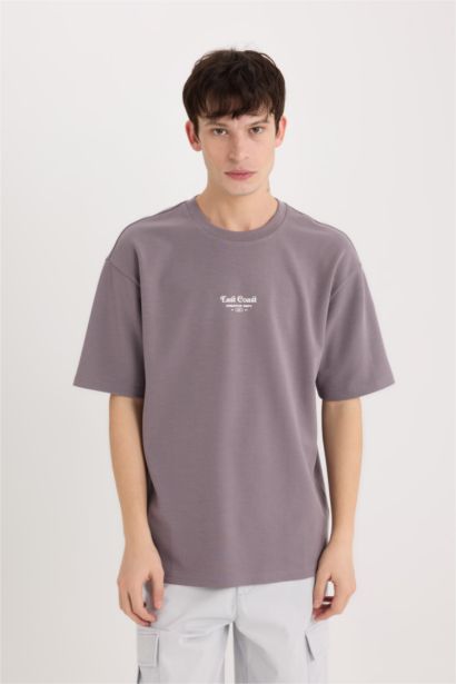 Boxy Fit Bisiklet Yaka Ütü Gerektirmeyen Nefes Alabilen Baskılı Kısa Kollu Ağır Kumaş Tişört