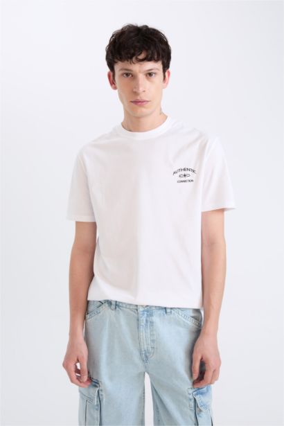 تيشيرت قطن مطبوع قصة عادية برقبة مستديرة