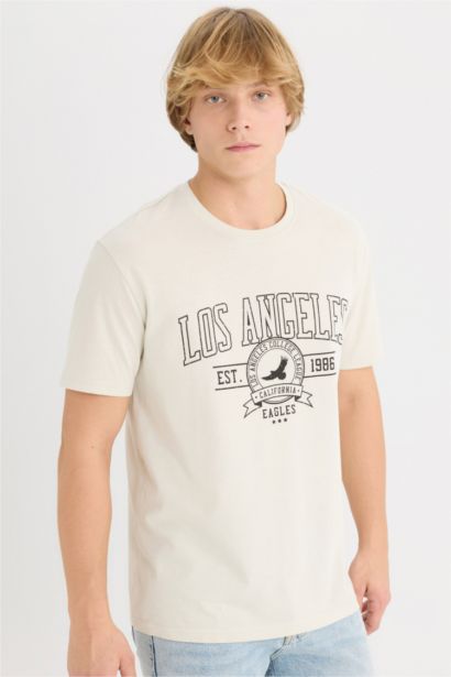 تيشيرت قطن مطبوع قصة عادية برقبة مستديرة