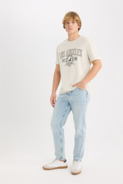 تيشيرت قطن مطبوع قصة عادية برقبة مستديرة