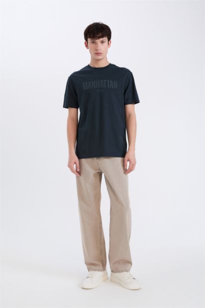 Regular Fit Slogan Printed Crew Neck T-Shirt