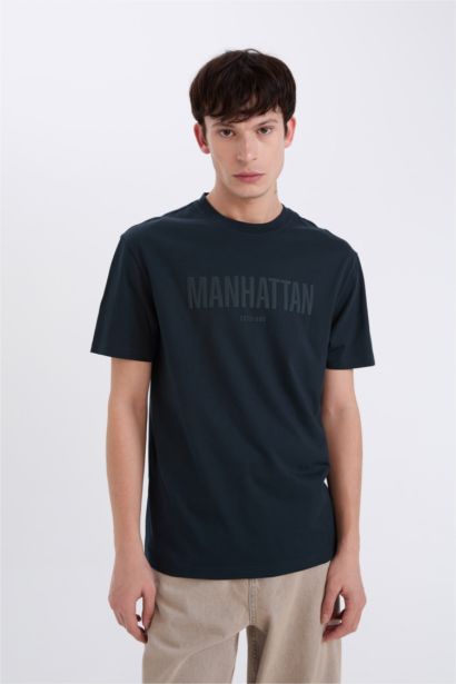 Regular Fit Slogan Printed Crew Neck T-Shirt