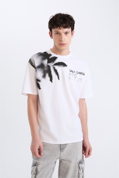 %100 Pamuk Boxy Fit Bisiklet Yaka Baskılı Kısa Kollu Tişört