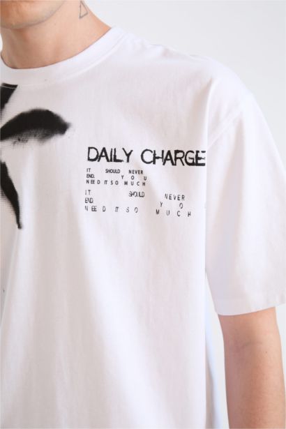 %100 Pamuk Boxy Fit Bisiklet Yaka Baskılı Kısa Kollu Tişört