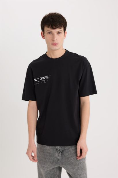 %100 Pamuk Boxy Fit Bisiklet Yaka Sırt Baskılı Kısa Kollu Tişört