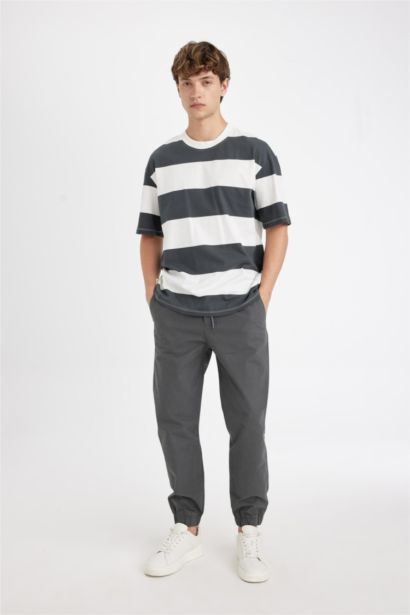 Boxy Fit Crew Neck Striped Cotton Short Sleeve T-Shirt