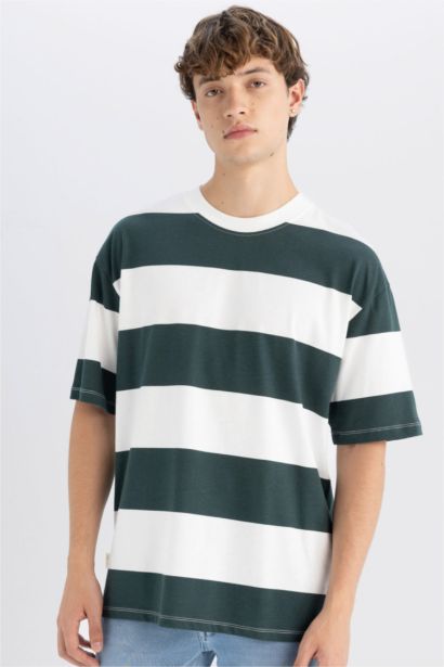 Boxy Fit Crew Neck Striped Cotton Short Sleeve T-Shirt
