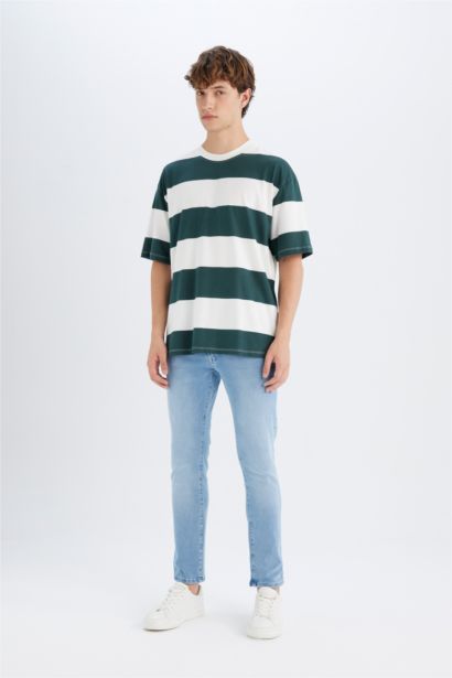 Boxy Fit Crew Neck Striped Cotton Short Sleeve T-Shirt